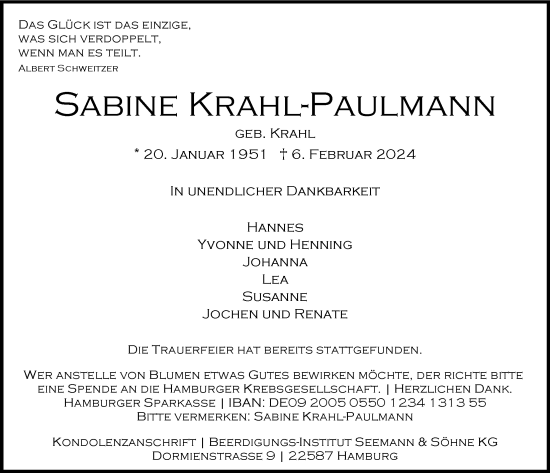 Traueranzeige von Sabine Krahl-Paulmann von Hamburger Abendblatt