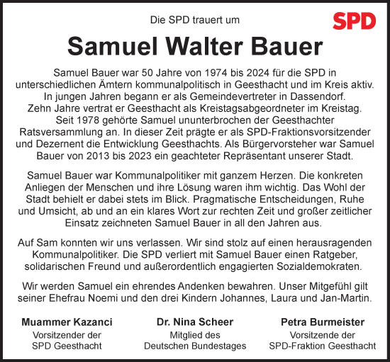 Traueranzeige von Samuel Walter Bauer von Bergedorfer Zeitung