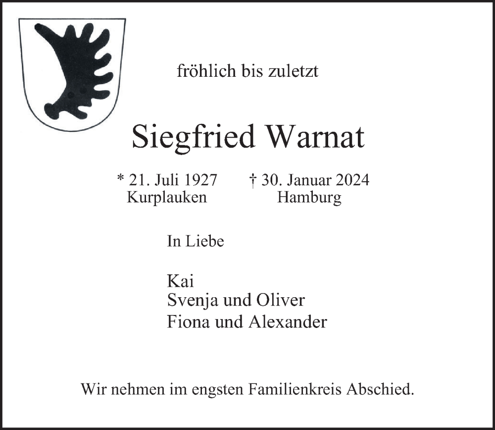  Traueranzeige für Siegfried Warnat vom 03.02.2024 aus Hamburger Abendblatt