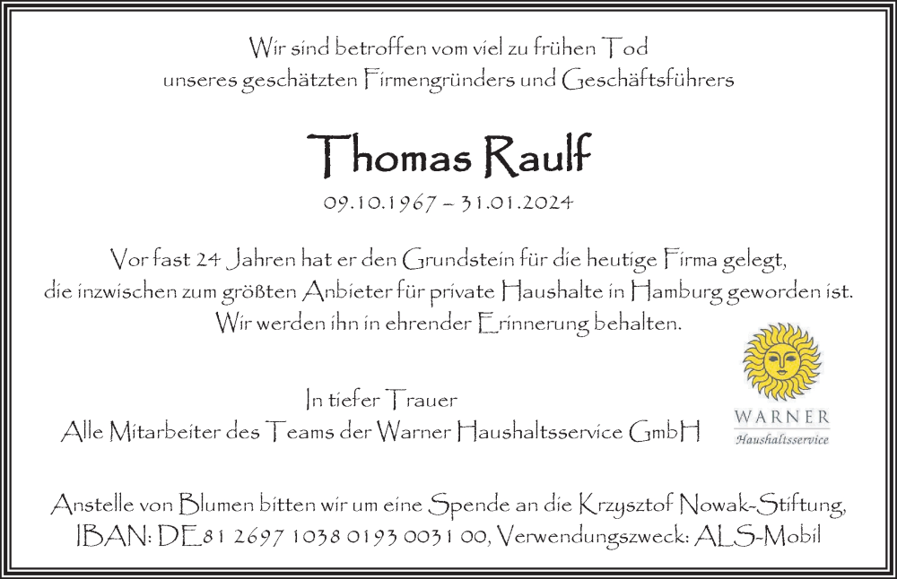  Traueranzeige für Thomas Raulf vom 10.02.2024 aus Hamburger Abendblatt