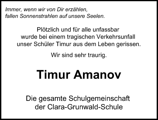 Traueranzeige von Timur Amanov von Hamburger Abendblatt