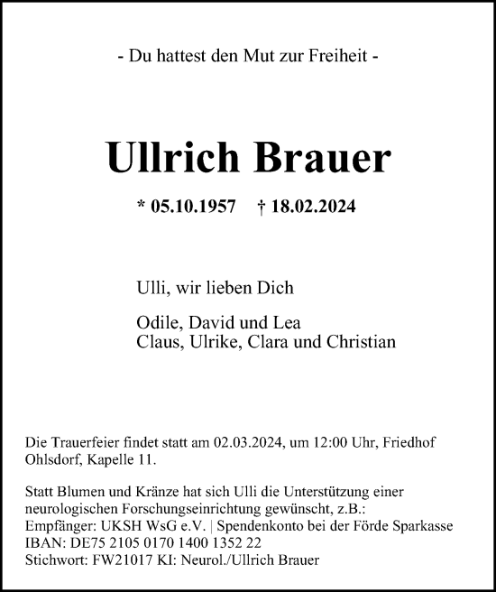 Traueranzeige von Ullrich Brauer von Hamburger Abendblatt