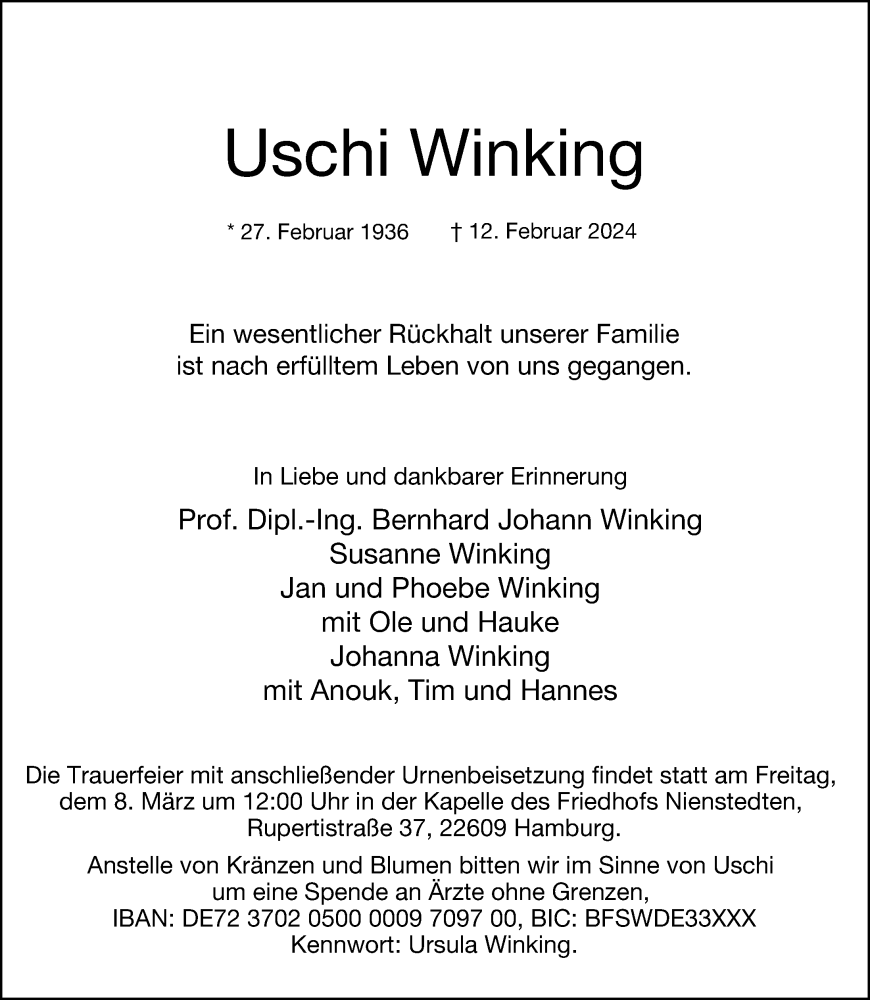  Traueranzeige für Uschi Winking vom 24.02.2024 aus Hamburger Abendblatt