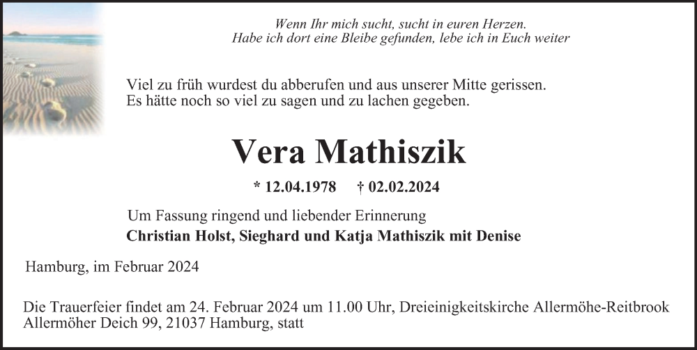 Traueranzeige für Vera Mathiszik vom 20.02.2024 aus Hamburger Abendblatt