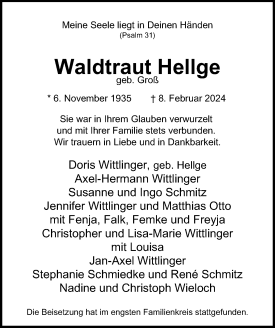 Traueranzeige von Waldtraut Hellge von Hamburger Abendblatt