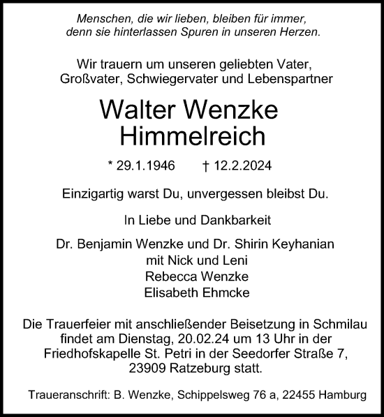 Traueranzeige von Walter Wenzke Himmelreich von Hamburger Abendblatt