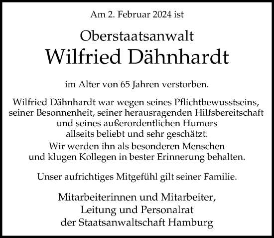 Traueranzeige von Wilfried Dähnhardt von Hamburger Abendblatt