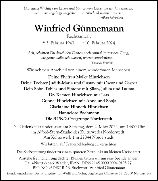 Traueranzeige von Winfried Günnemann von Hamburger Abendblatt