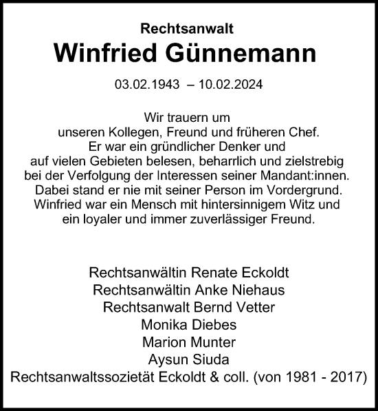 Traueranzeige von Winfried Günnemann von Hamburger Abendblatt