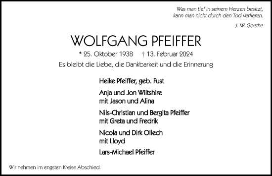 Traueranzeige von Wolfgang Pfeiffer von Hamburger Abendblatt