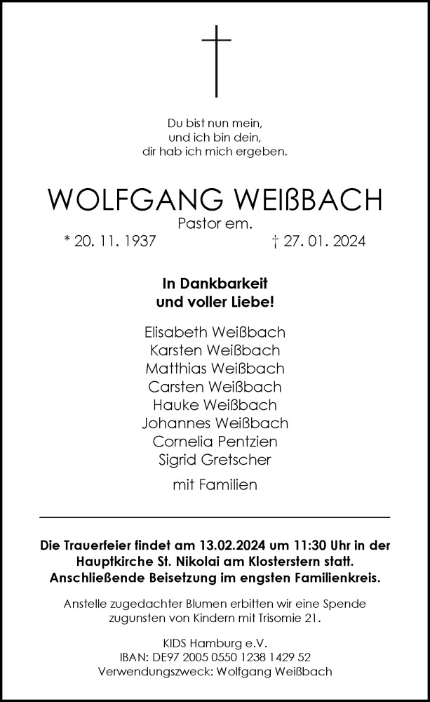  Traueranzeige für Wolfgang Weißbach vom 10.02.2024 aus Hamburger Abendblatt