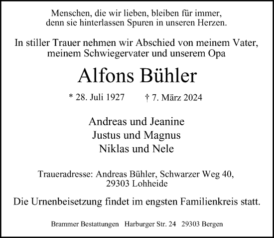 Traueranzeige von Alfons Bühler von Bergedorfer Zeitung
