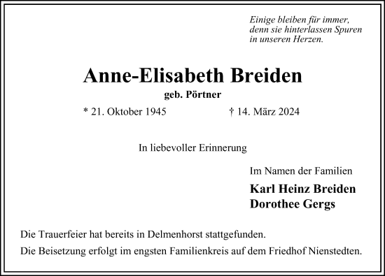 Traueranzeige von Anne-Elisabeth Breiden von Hamburger Abendblatt