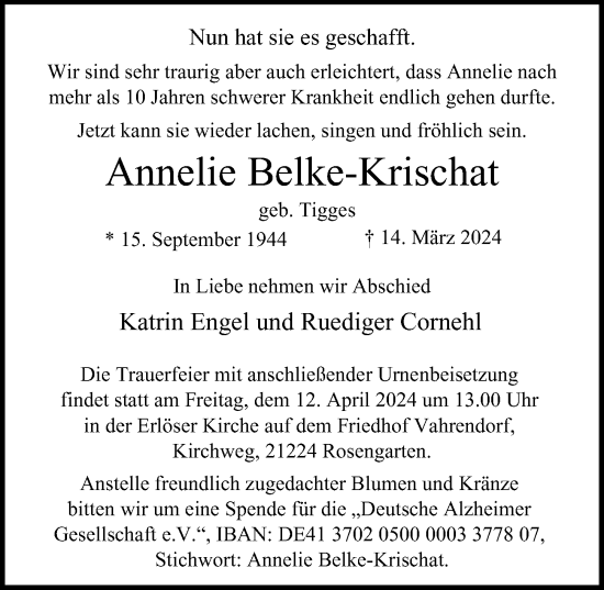 Traueranzeige von Annelie Belke-Krischat von Hamburger Abendblatt