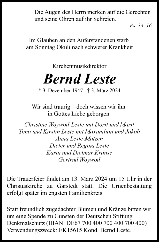  Traueranzeige für Bernd Leste vom 09.03.2024 aus Hamburger Abendblatt