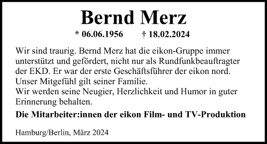 Traueranzeige von Bernd Merz von Hamburger Abendblatt