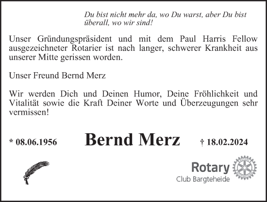 Traueranzeige von Bernd Merz von Hamburger Abendblatt