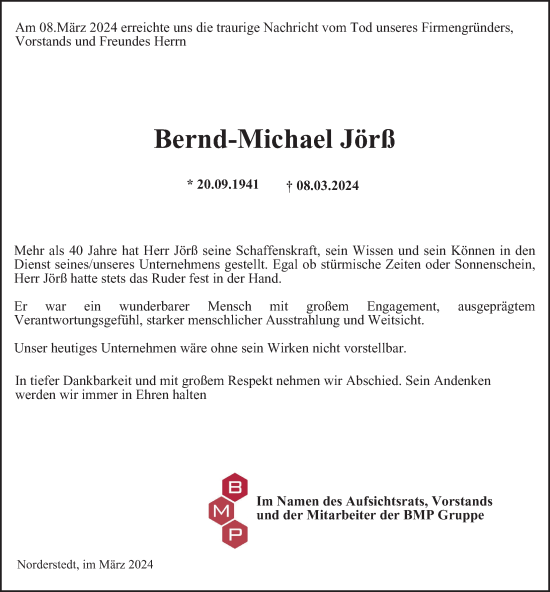 Traueranzeige von Bernd-Michael Jörß von Hamburger Abendblatt