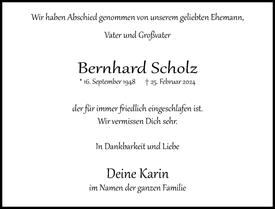 Traueranzeige von Bernhard Scholz von Hamburger Abendblatt