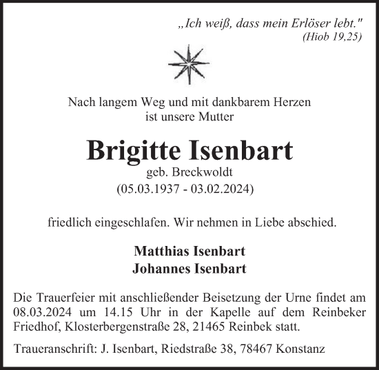 Traueranzeige von Brigitte Isenbart von Bergedorfer Zeitung