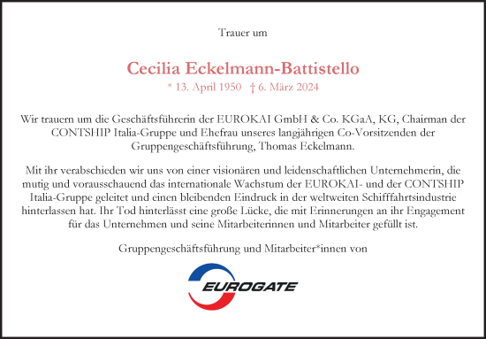 Traueranzeige von Cecilia Eckelmann-Battistello von Hamburger Abendblatt