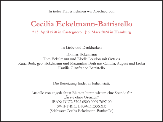 Traueranzeige von Cecilia Eckelmann-Battistello von Hamburger Abendblatt