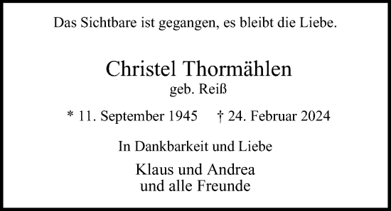 Traueranzeige von Christel Thormählen von Hamburger Abendblatt