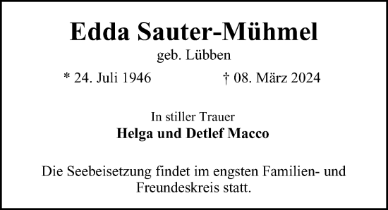 Traueranzeige von Edda Sauter-Mühmel von Hamburger Abendblatt