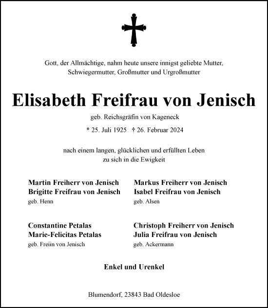 Traueranzeige von Elisabeth  Freifrau von Jenisch von Hamburger Abendblatt