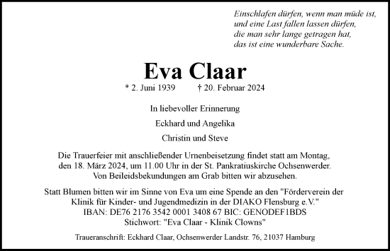Traueranzeige von Eva Claar von Hamburger Abendblatt