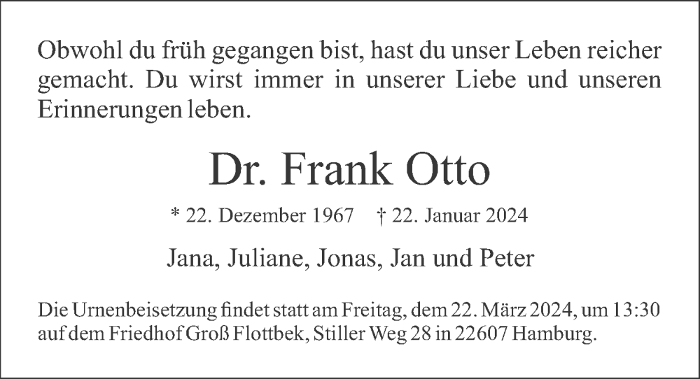 Traueranzeigen von Frank Otto | HamburgerTRAUER.de