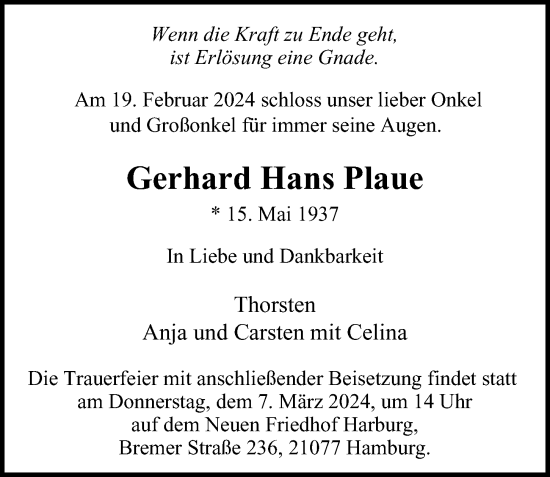 Traueranzeige von Gerhard Hans Plaue von Hamburger Abendblatt