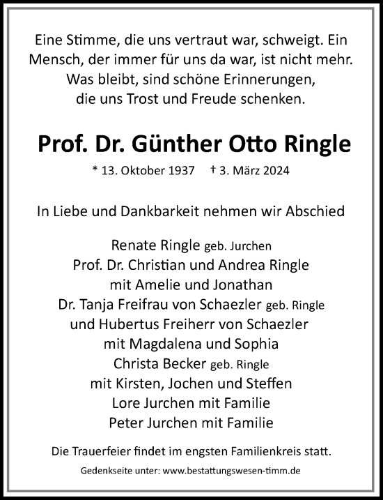 Traueranzeige von Günther Otto Ringle von Hamburger Abendblatt