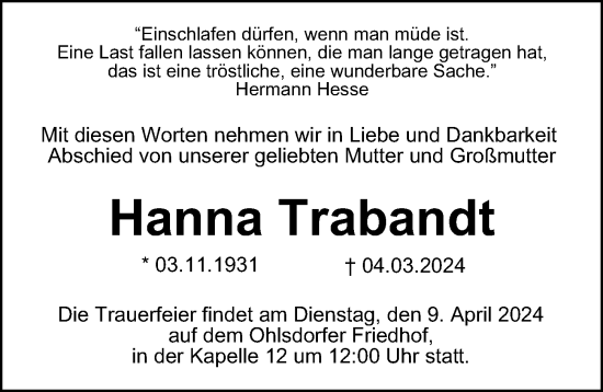 Traueranzeige von Hanna Trabandt von Hamburger Abendblatt