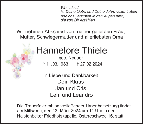 Traueranzeige von Hannelore Thiele von Hamburger Abendblatt