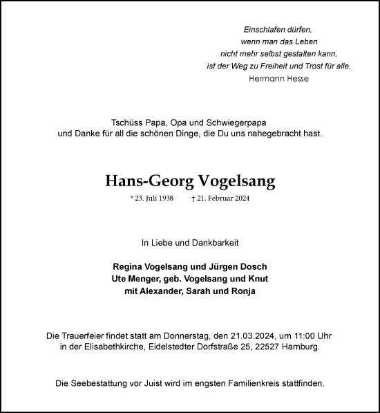Traueranzeige von Hans-Georg Vogelsang von Hamburger Abendblatt