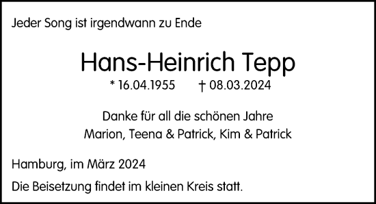 Traueranzeige von Hans-Heinrich Tepp von Bergedorfer Zeitung