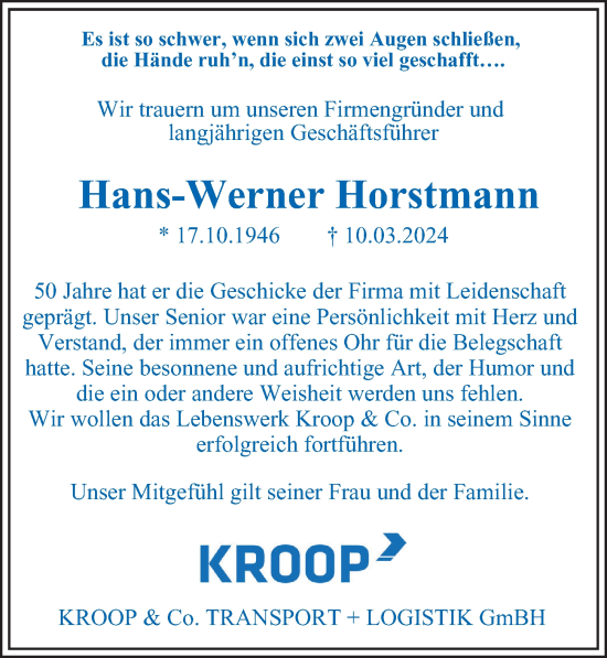 Traueranzeige von Hans-Werner Horstmann von Hamburger Abendblatt