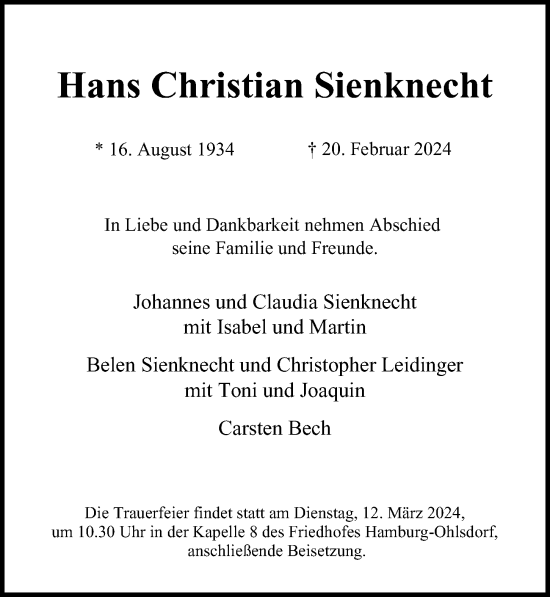 Traueranzeige von Hans Christian Sienknecht von Hamburger Abendblatt