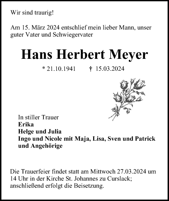 Traueranzeige von Hans Herbert Meyer von Bergedorfer Zeitung