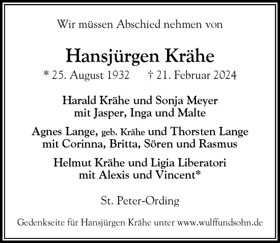 Traueranzeige von Hansjürgen Krähe von Hamburger Abendblatt
