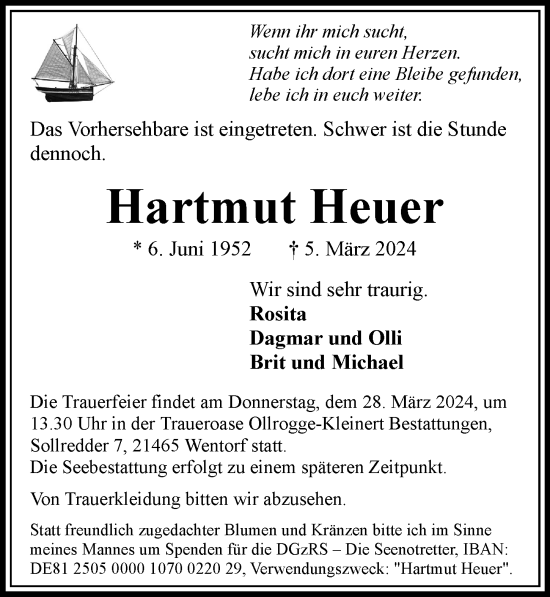 Traueranzeige von Hartmut Heuer von Bergedorfer Zeitung