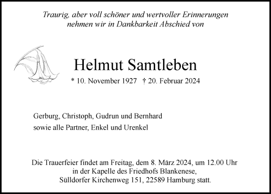 Traueranzeige von Helmut Samtleben von Hamburger Abendblatt
