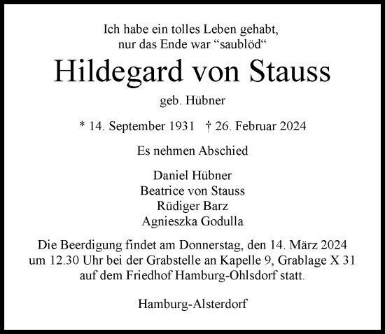 Traueranzeige von Hildegard von Stauss von Hamburger Abendblatt