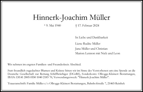 Traueranzeige von Hinnerk-Joachim Müller von Hamburger Abendblatt