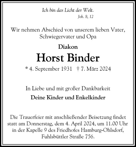 Traueranzeige von Horst Binder von Hamburger Abendblatt