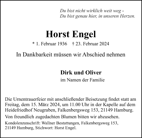 Traueranzeige von Horst Engel von Hamburger Abendblatt
