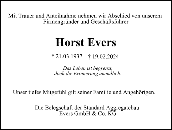 Traueranzeige von Horst Evers von HA Regio Norderstedt