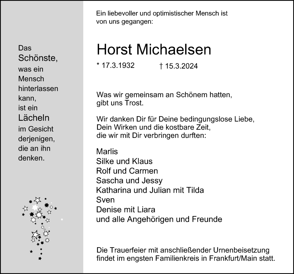  Traueranzeige für Horst Michaelsen vom 30.03.2024 aus Hamburger Abendblatt