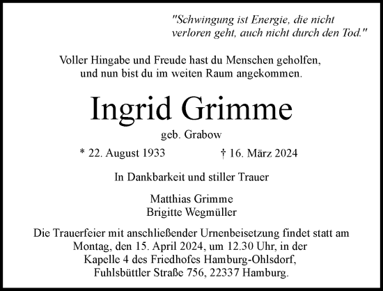 Traueranzeige von Ingrid Grimme von Hamburger Abendblatt